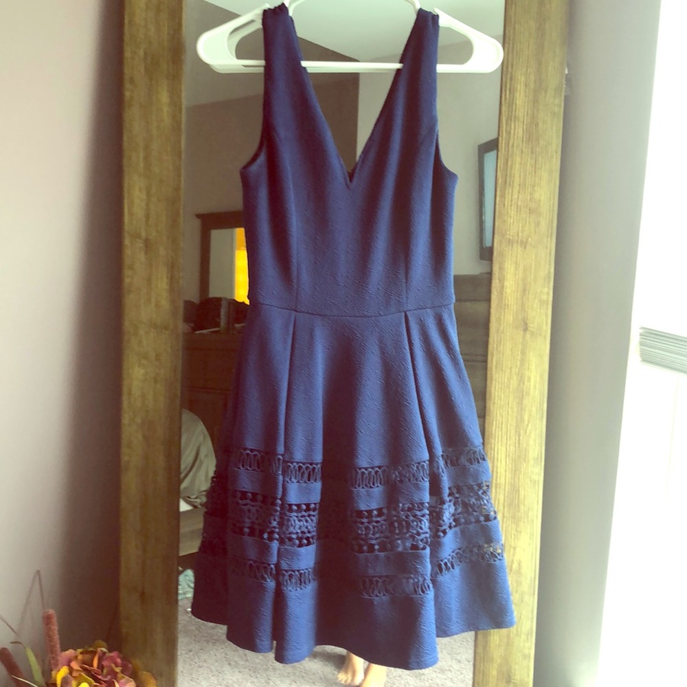 Navy blue V neck lace detailed dress